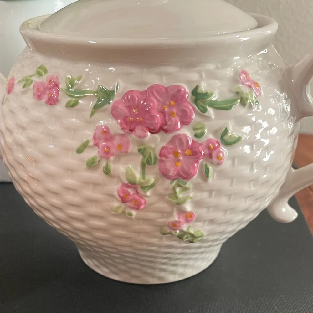 Vintage Teleflora Ceramic Teapot – Basket Weave with Pink Flowers – 1985